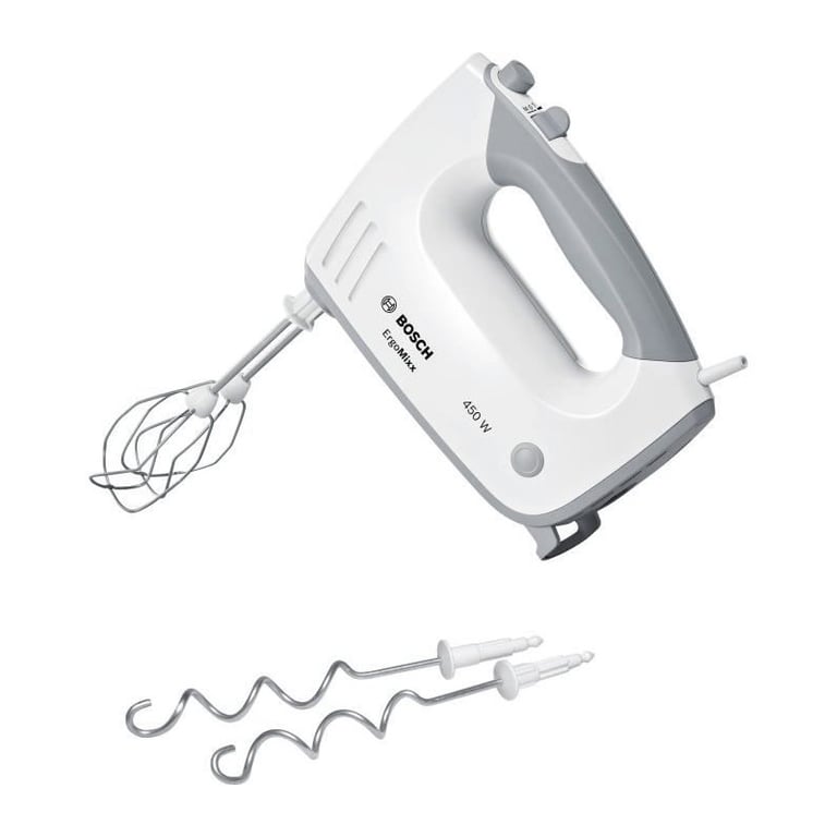 Batteur ErgoMixx 450 W - BOSCH MFQ36400 blanc/gris - 5 vitesses+turbo - 2 fouets inox - 2 crochets pétrisseurs inox - - Neuf