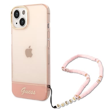 Custodia Guess per iPhone 14 6,1'' rosa Cinturino perlato traslucido