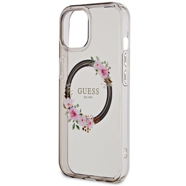 Custodia Guess IML Flowers Wreath MagSafe per iPhone 15, nera