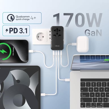 MINIX 170W Adattatore da Viaggio Universale GaN III - 3 Porte USB-C & 1 USB-A, Compatibile US/UK/EU/AU per Computer, Tablet, Telefoni, Fotocamere