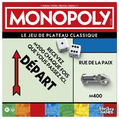 Monopoly classico, gioco da tavolo, con scatola e pedine di grande formato, da 2 a 6 giocatori, versione FR, a partire dagli 8 anni,