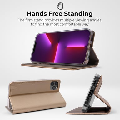 Moozy Étui à rabat pour iPhone 13 Pro Max, doré – Étui portefeuille à rabat magnétique intelligent avec porte-cartes et support, emplacements pour cartes de crédit, fonction béquille