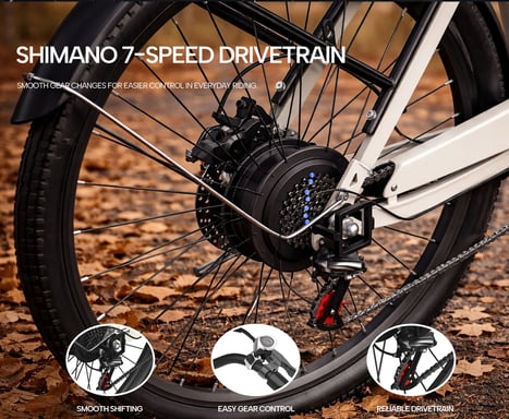 Bicicletta elettrica Velopro C1 con batteria da 36V 13Ah e cambio Shimano a 7 velocità - blu