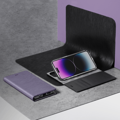 Diarycase 2.0 Funda tipo almeja de piel auténtica con soporte magnético para Apple iPhone 14 Pro, Vesper Violet