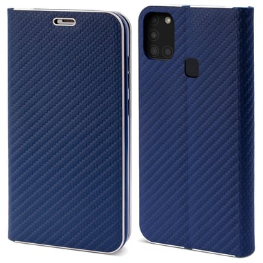 Moozy Étui Portefeuille pour Samsung A21s, Bleu Foncé Carbone - Protection des Bords Métalliques Fermeture Magnétique Flip Cover avec Porte-Cartes