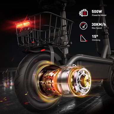 Patinete eléctrico plegable iScooter F2 de 500 W con asiento para adultos, patinete eléctrico de 10 pulgadas con cesta y pedales anchos, 36 V y 7,8 Ah