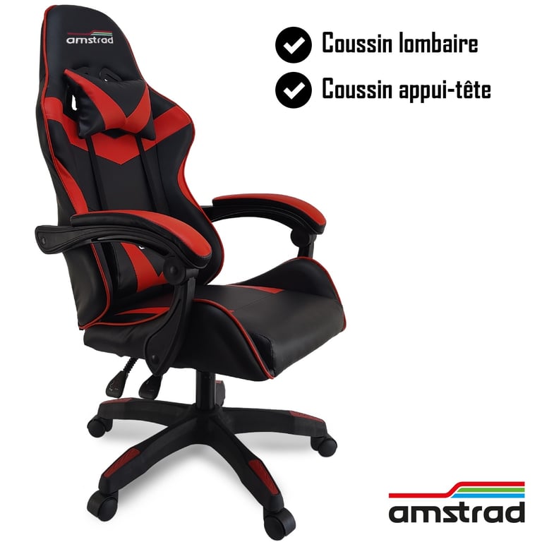 Amstrad AMS-800-RED-SKRED Fauteuil / Chaise de bureau Gamer coloris noir & rouge - Design au dos 