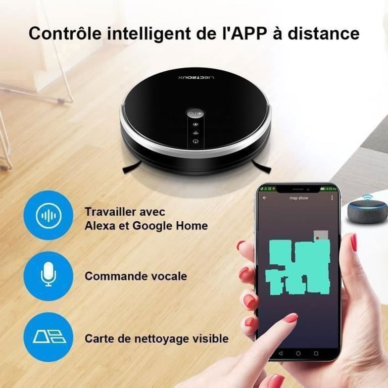 LIECTROUX C30B Aspirateur robot intelligent et connecté puissance 3000Pa avec affichage du parcours sur Application mobile - vue 2