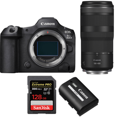 Appareil photo hybride Canon EOS R5 Mark II + RF 100-400mm f/5.6-8 IS USM + 1 SanDisk 128GB Extreme PRO UHS-II + 1 Canon LP-E6P + Ebook ''20 astuces pour des images qui claquent''