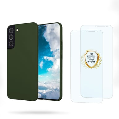EVETANE Coque Samsung Galaxy S22 Vert Foret Silicone liquide + 2 Vitres en Verre trempé Protection écran Antichocs