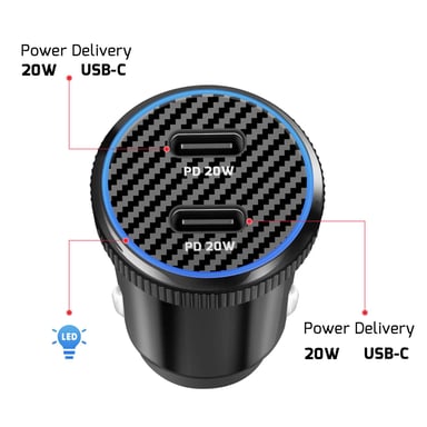 Caricatore per auto 2 USB-C 20W PD per smartphone/tablet con cavo USB-C