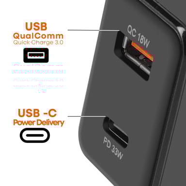 Chargeur Secteur USB-C 33W + USB 18W Charge Rapide Design Compact Noir