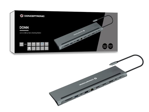 Conceptronic DONN17G base para portátil y replicador de puertos Alámbrico USB 3.2 Gen 1 (3.1 Gen 1) Type-C Gris