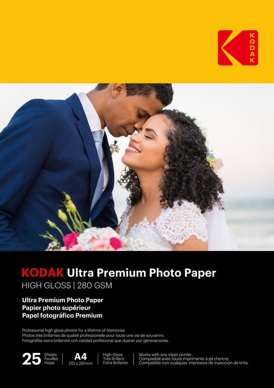Kodak 9891261 - 25 Feuilles De Papier Photo 280G/M², Brillant, Format A4 (21X29,7Cm), Impression Jet D'Encre