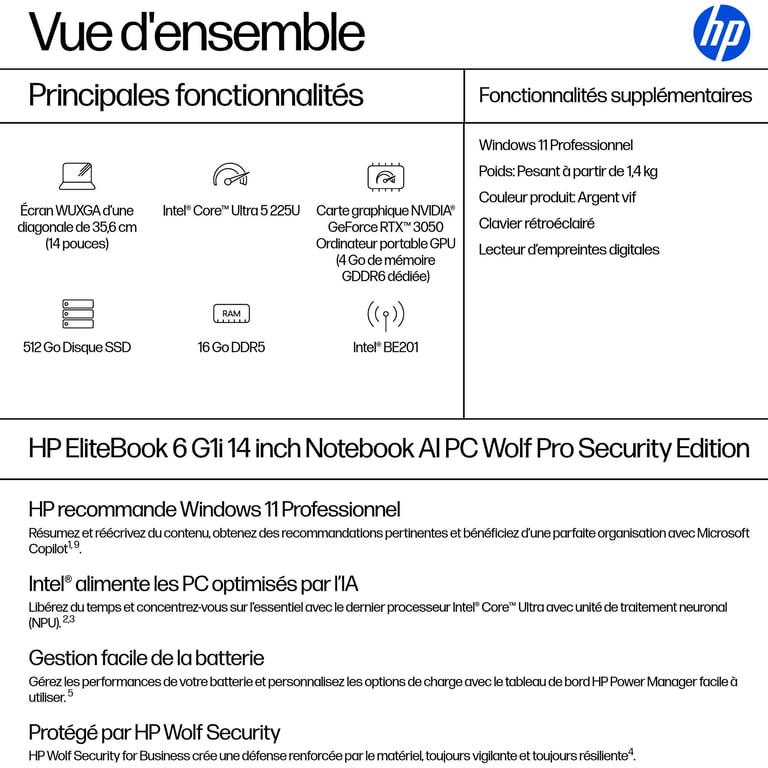 HP AD4E9ET laptop Intel Core Ultra 5 Ordinateur portable 35 6 cm 14 WUXGA DDR5 SDRAM Wi Fi 7 802.11be Windows 11 Pro AI PC Neuf - vue 3