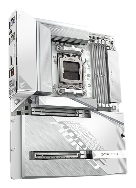 GIGABYTE B850 AORUS STEALTH ICE Carte Mère – Processeurs AMD Ryzen série 9000, VRM numérique 14+2+2 phases, jusqu'à 8200 MHz DDR5 (OC), 2 x M.2 PCIe 5.0 + 2 x PCIe 4.0, Wi-Fi 7, LAN 5 GbE, USB 3.2 Gen 2 - Neuf