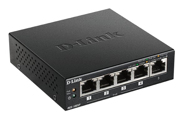 D-Link DGS-1005P/E commutateur réseau Non-géré Gigabit Ethernet (10/100/1000) Connexion Ethernet, supportant l'alimentation via ce port (PoE) Noir