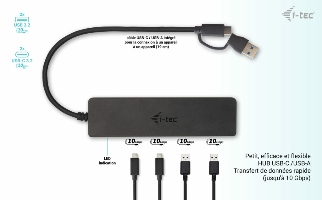 i-tec Metal C31HUBMETAL2A2C hub & concentrateur USB 3.2 Gen 1 (3.1 Gen 1) Type-C 10000 Mbit/s Noir - Neuf