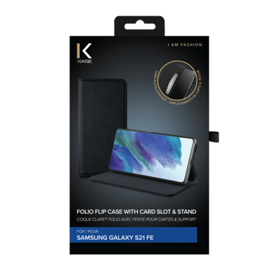 Funda tipo concha con ranura para tarjeta y soporte para Samsung Galaxy S21 FE 5G, Negro