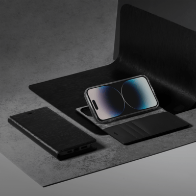 Diarycase 2.0 Funda de piel auténtica con soporte magnético para Apple iPhone 14 Pro Max, negro medianoche