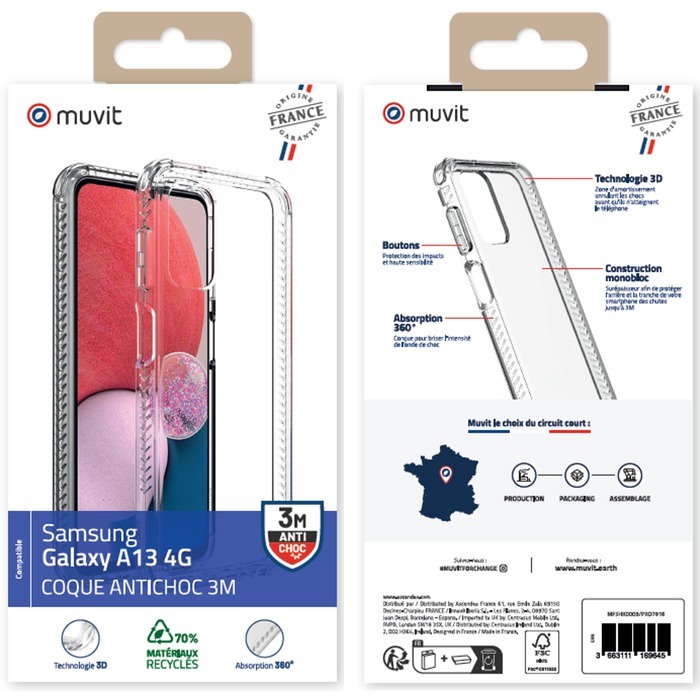 MUVIT FOR FRANCE COQUE TRANSPARENTE RENFORCEE 3M SAMSUNG GALAXY A13 4G - vue 3