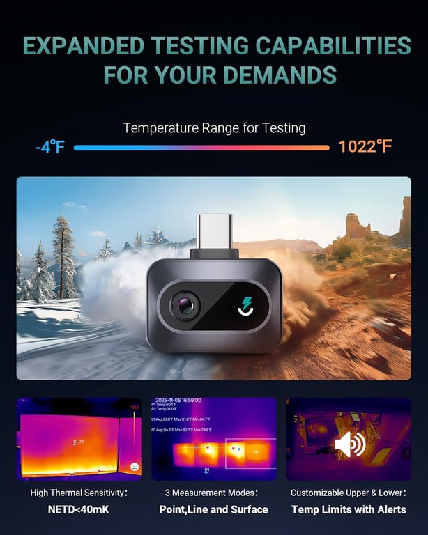 Vantrue Caméra thermique TS1 pour Android, caméra infrarouge avec résolution 512 x 384 et super-résolution, USB-C, -20°C à 550°C, pour inspection domestique, zoom 15x. - Neuf - vue 3