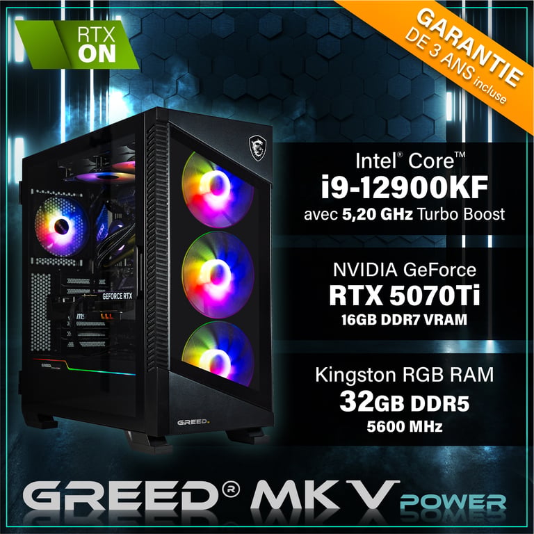 GREED MK5 Power Gaming PC / Ordinateur Intel Core i9 12900KF Nvidia Geforce RTX 5070Ti RAM DDR5 Watercool SSD PC Gamer avec WiFi + Windows 11 Pro Neuf - vue 3