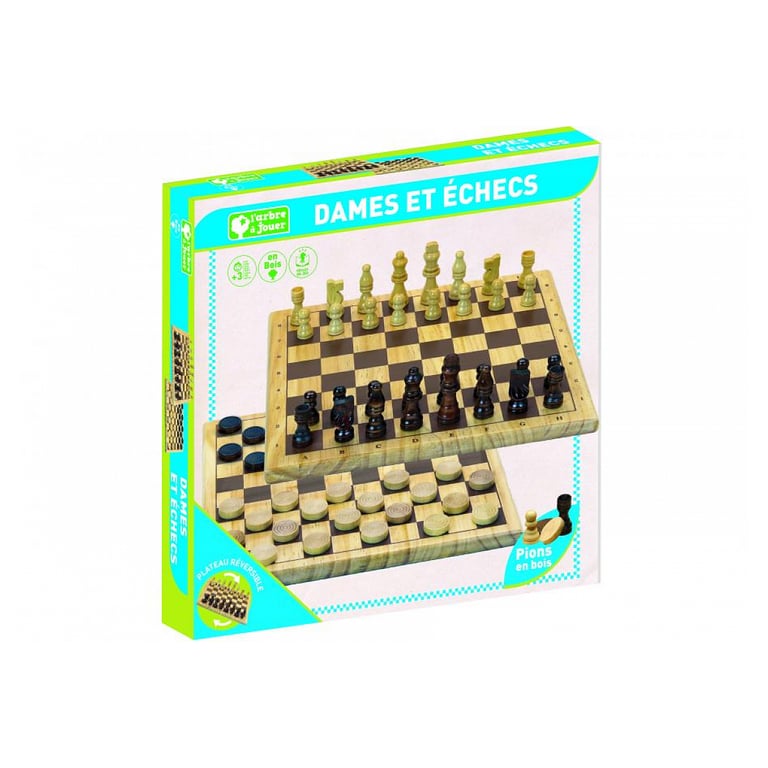 Jeux de Dames et Échecs en Bois Plateau Réversible et Pièces en Bois Neuf