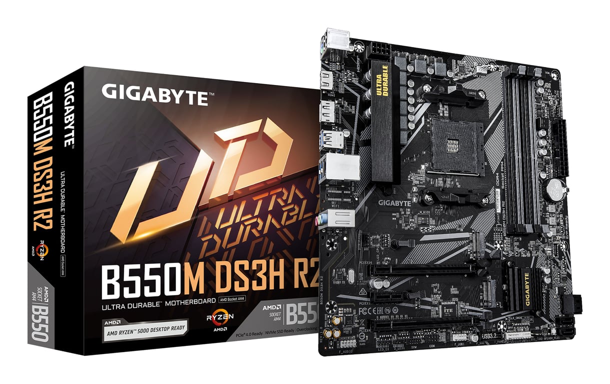 GIGABYTE B550M DS3H R2 Carte mère Processeurs AMD Ryzen 5000 VRM 5+3 phases jusqu'à 4733 MHz DDR4 O.C. 1x .2 PCIe 4.0 + 1x .2 PCIe 3.0 LAN 1 GbE USB 3.2 Gen 1 Neuf