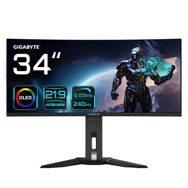 GIGABYTE 34'' MO34WQC2 Monitor OLED WQHD curvo da gioco - 3440 x 1440, 240Hz, 0,03ms, KVM, 250 cd/m², FreeSync Premium Pro, DisplayHDR True Black 400, HDMI 2.1, Displayport 1.4