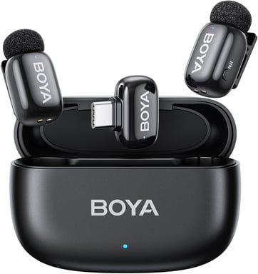 Microfono wireless Boya Mini 2 ultra-compatto, riduzione rumore IA -40 dB, controllo guadagno tramite app, USB-C, 48 kHz/24 bit, portata 100 m