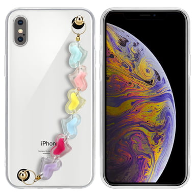 Coque pour Apple iPhone XS MAX en Transparent avec des cœurs colorés Housse de protection Étui en silicone TPU flexible et avec tour de cou chaîne de poignet