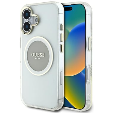 Étui Guess IML Metal Colored Circle Classic Logo MagSafe pour iPhone 16 gris
