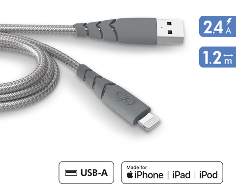 Câble Ultra-renforcé USB A/Lightning 1,2m 2.4A Garanti à vie Gris - 100% Plastique recyclé Force Power