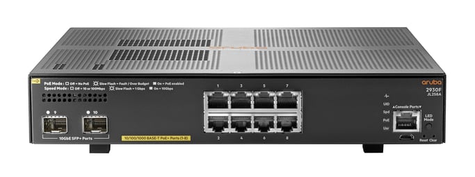 HPE Aruba Networking 2930F 8G PoE+ 2SFP+ Géré L3 Gigabit Ethernet (10/100/1000) Connexion Ethernet, supportant l'alimentation via ce port (PoE) 1U Gris