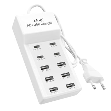 Station de Charge Multiport 4 USB-C + 6 USB 50W Câble 1m Compact Blanc