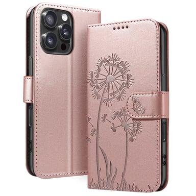 Zanaé Funda tipo cartera para iPhone 16 Pro Diseño premium Flores Mariposa Rosa dorado