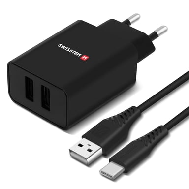 Cargador Doble USB 2.1A Smart IC + Cable USB-C Swissten Slim - Negro