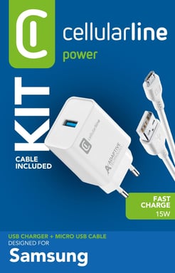Cellularline Adaptive Fast Charger Kit 15W - Micro USB - Samsung Cargador rápido con cable Micro USB para dispositivos de carga adaptativa