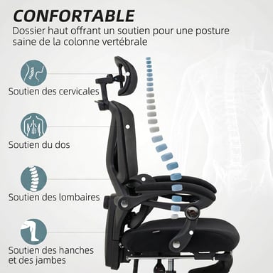 Roline Chaise de Bureau Ergonomique Inclinable Maille Noir Repose-Pied