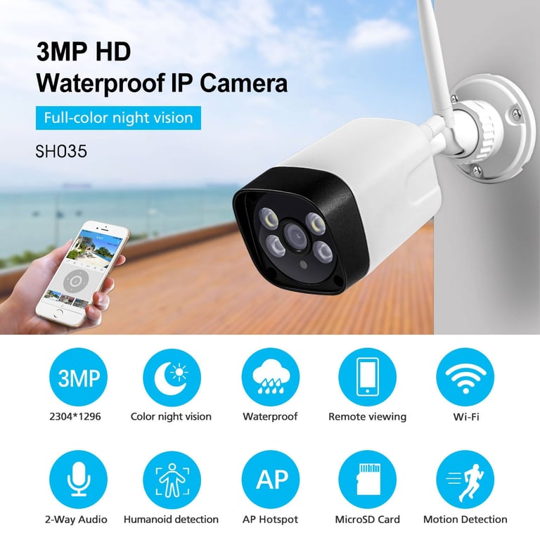 Caméra de Sécurité IP 3MP FHD 1296p Vidéosurveillance Infrarouge Mouvement YONIS