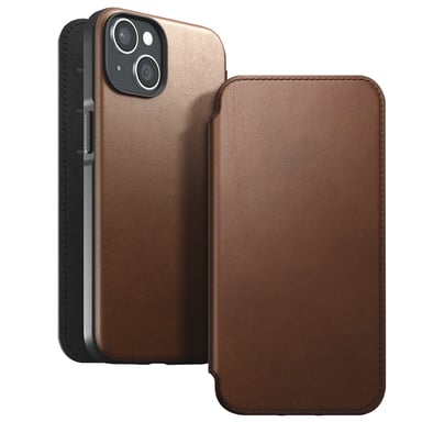 Nomad Funda con cierre para iPhone 15 Plus Magsafe con moderno tarjetero de piel Marrón
