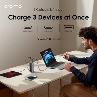 oraimo PowerJet 130 – Batterie externe 27 600mAh, charge rapide 130W, écran LED, triple port de sortie
