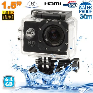 Caméra Sport Étanche 30 Mètres Caméra Waterproof Action Full HD 1080P Noir 64Go YONIS