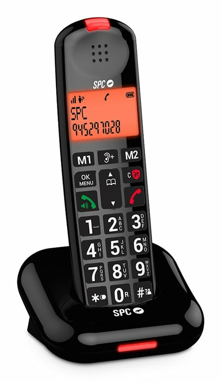 SPC Comfort Kairo Téléphone sans Fil Seniors avec Grandes Touches Son amplifié Compatible avec appareils auditifs Fonction de Blocage d'appel Signal Lumineux et 2 mémoires directes