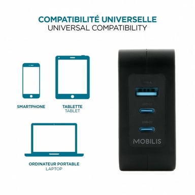 Mobilis Charger 100W 2USB C 1USBA GaN cable 100W Portátil, Smartphone, Tableta Negro Corriente alterna Interior