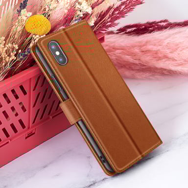 Zanaé Funda tipo cartera para iPhone X / XS con función de soporte y lengüeta magnética Marrón