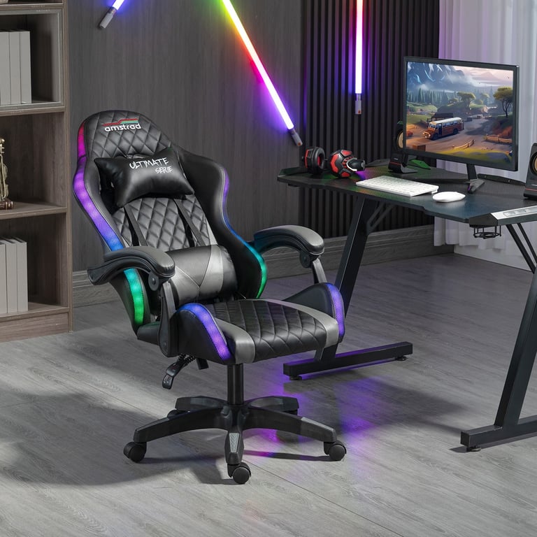 Amstrad ULTIMATE-BK-LED Fauteuil / Chaise de bureau Gamer coloris noir &  grise - Eclairage LED 366 effets - Télécommande