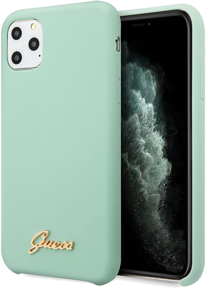 Étui Guess pour iPhone 11 Pro Max Vert Silicone Logo Or Vintage