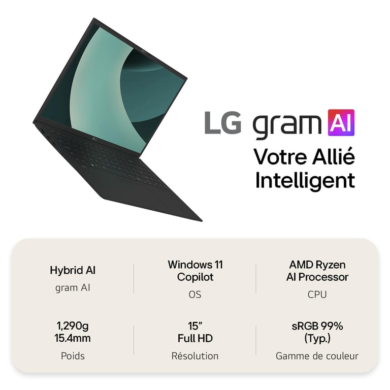 LG Gram Ryzen AI 7 (15') Copilot+ 16 Go RAM 1 To SSD Noir Obsidien - AZERTY (15Z80T-G.AU78F) - Neuf